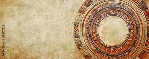 Vintage, intricate circular design on aged paper-like texture