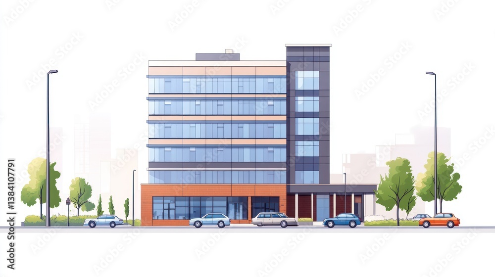 Modern office building city street cars landscape