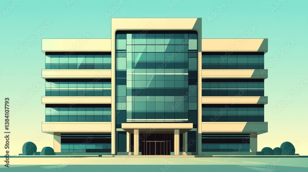 Modern office building exterior, sunny day, city background, corporate image