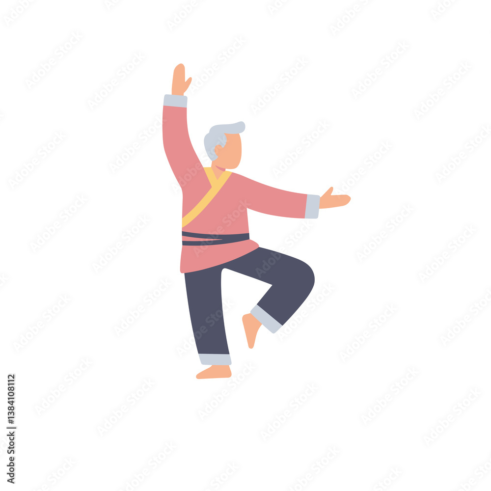 Elderly man practicing Tai Chi poses against a white background  