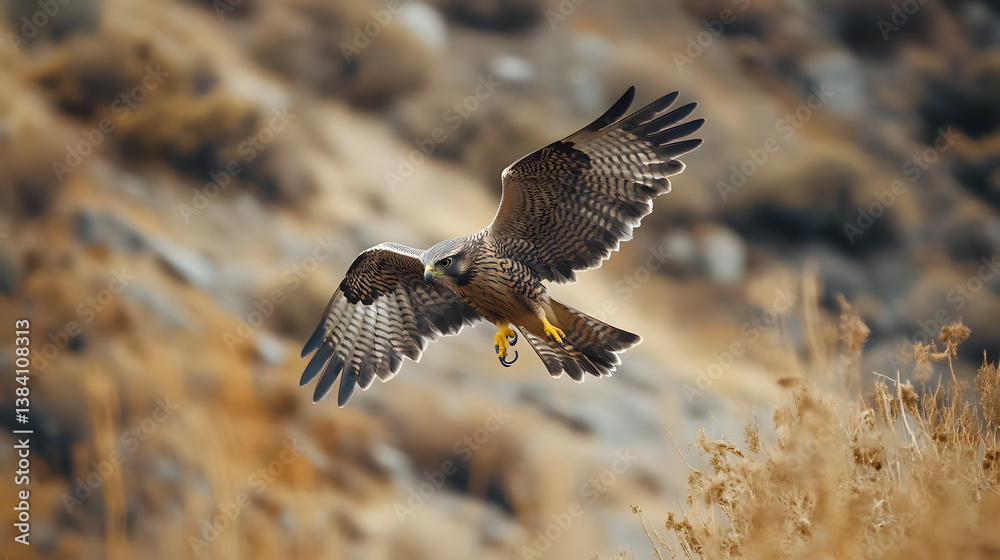 Fototapeta premium Hawk in flight with spread wings against a soft, blurred background. Captivating wildlife image.