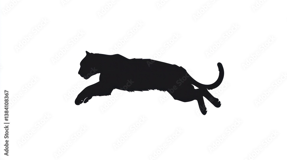 Black panther leaping, white background, wildlife silhouette, nature design