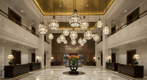 Hotel Lobby With Grand Marble And Brass Interior Design And Ornate Lighting