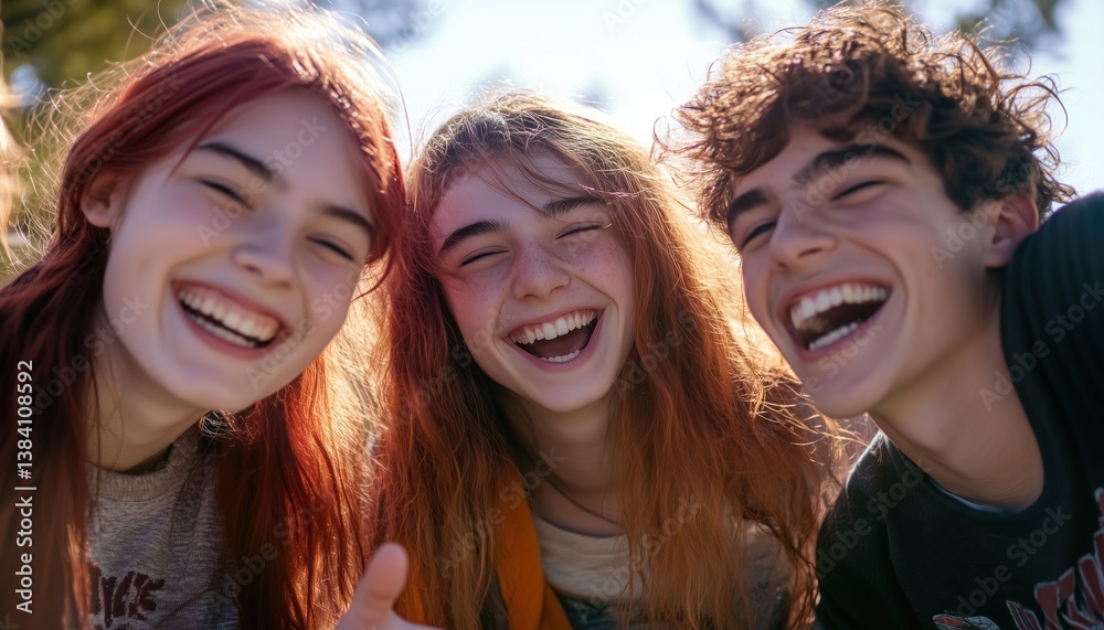 Fototapeta premium Close-Up View Of Four Teenagers Smiling, Laughing, And Making Gestures Towards The Camera In A Playful Manner. Happy Teenagers Having Fun.