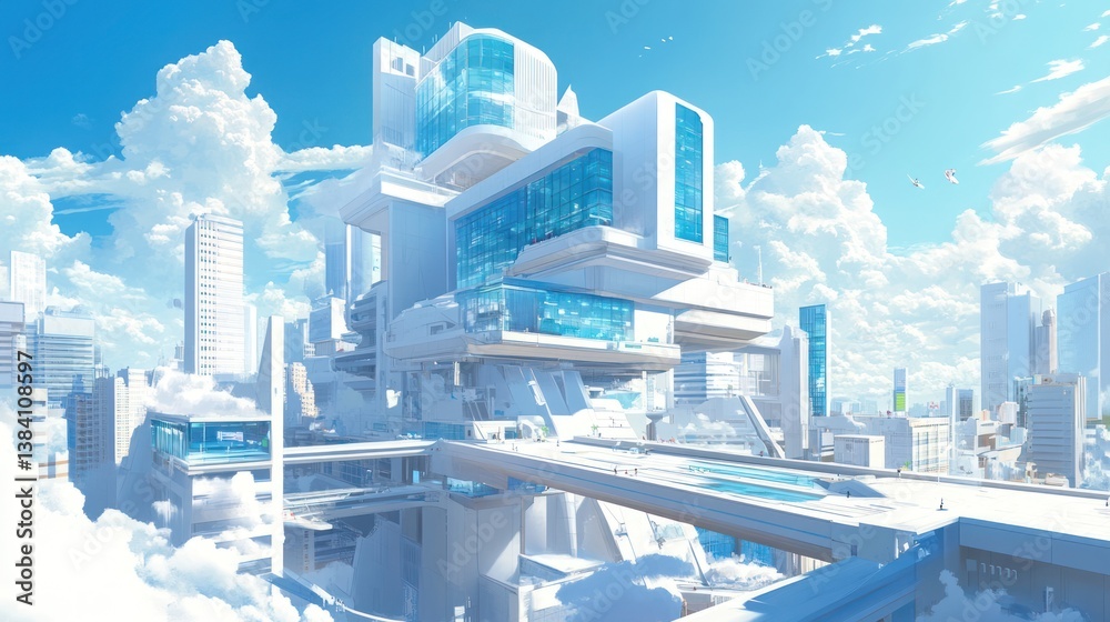 Futuristic white city, cloudscape, aerial view, design concept