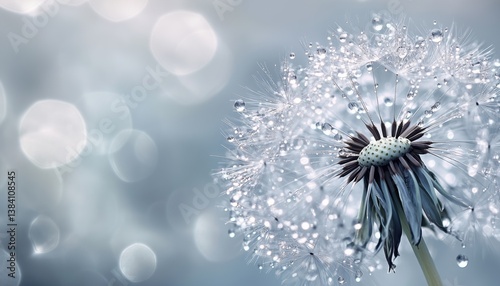 Macro Image Of A Silver Dandelion With Dew Drops, Creating A Dreamy And Tender Snowflake On A Parachute-Like Structure.