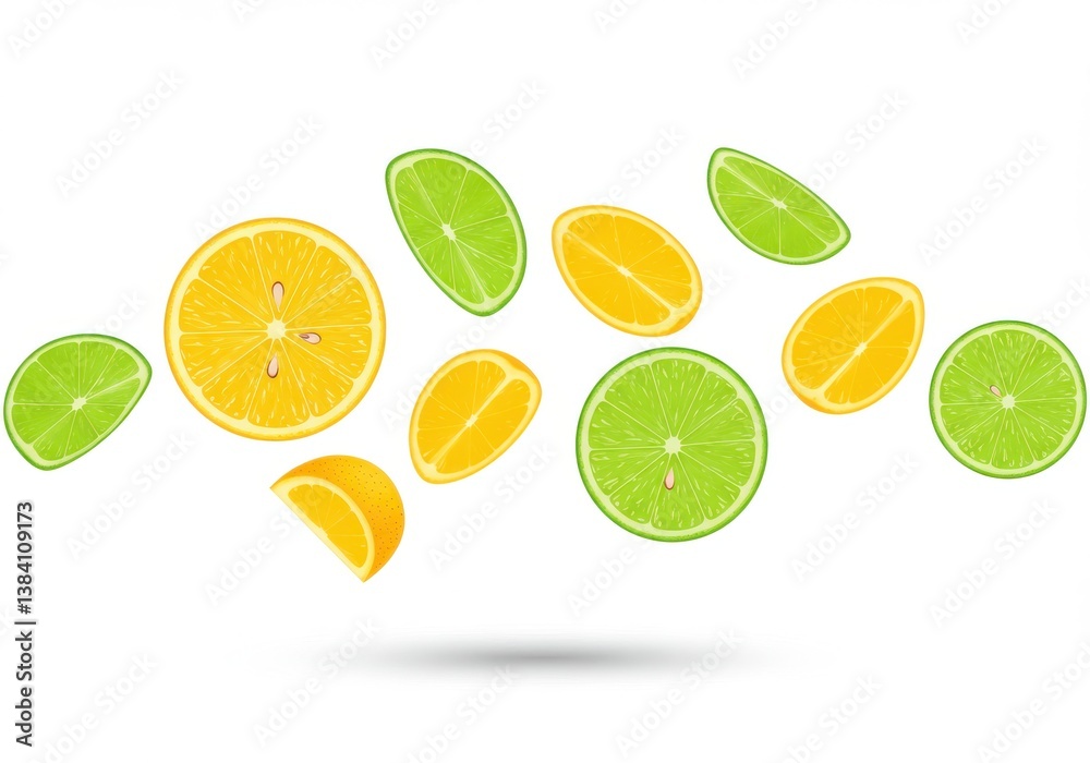Arrangement of sliced oranges and limes on a white background creating a vibrant citrus display shot Arrangement of sliced oranges and limes on a white background creating a vibrant citrus display shot