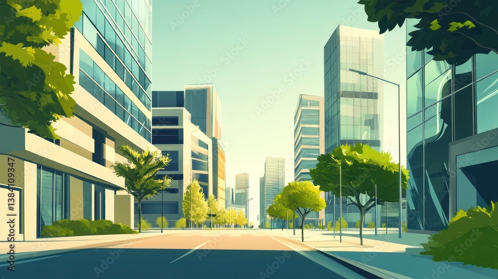 City street, morning sun, skyscrapers, trees, urban landscape, background for website