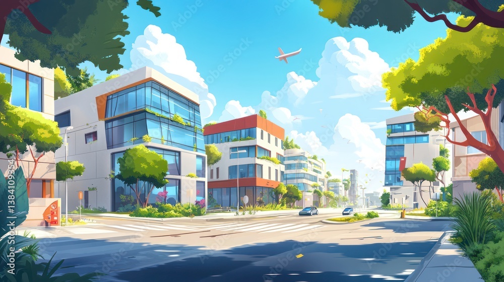 Sunny City Street, Modern Buildings, Airplane, Green Trees, Urban Landscape, Background Illustration