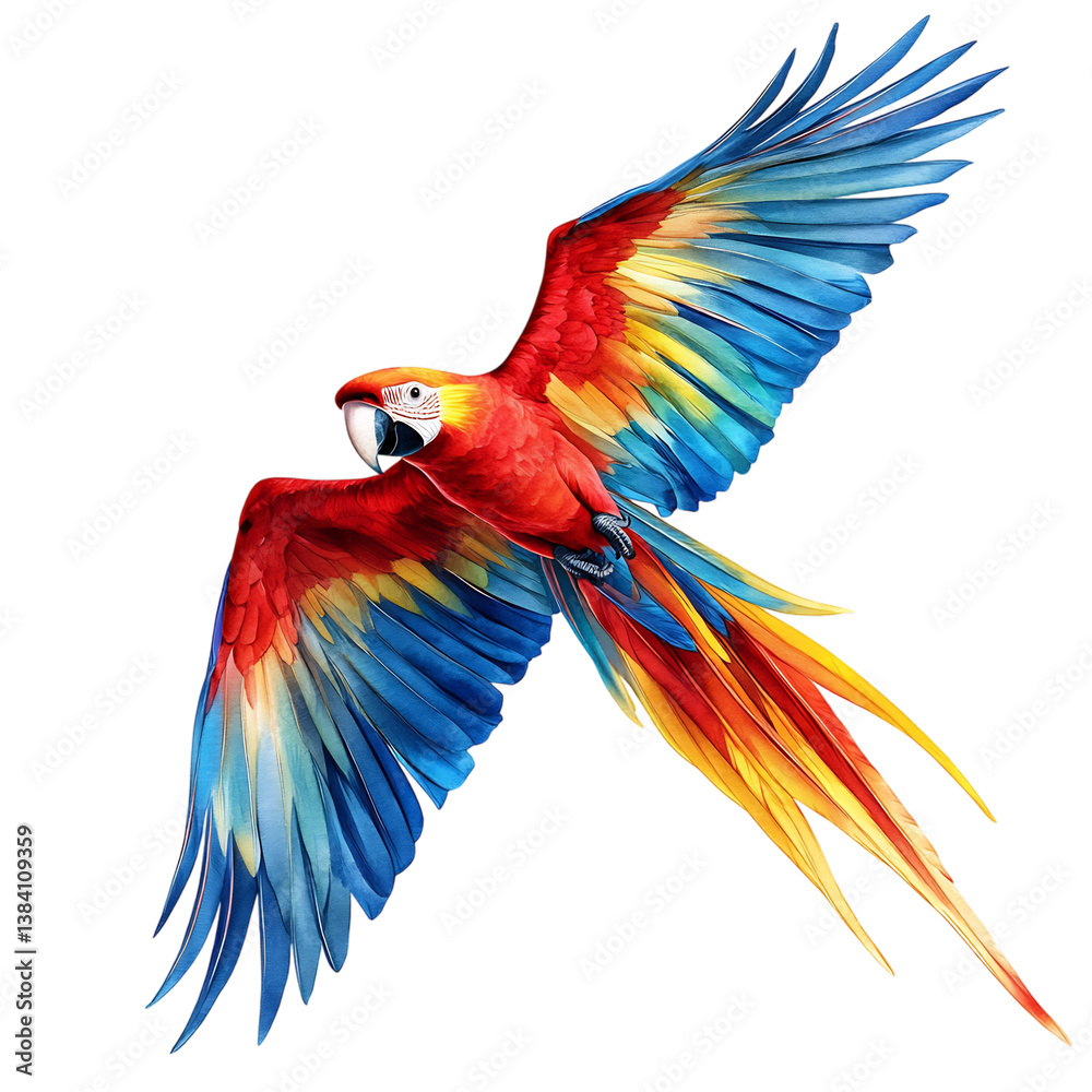 Fototapeta premium A Radiant Scarlet Macaw Flying Across the Sky Isolated on Transparent Background