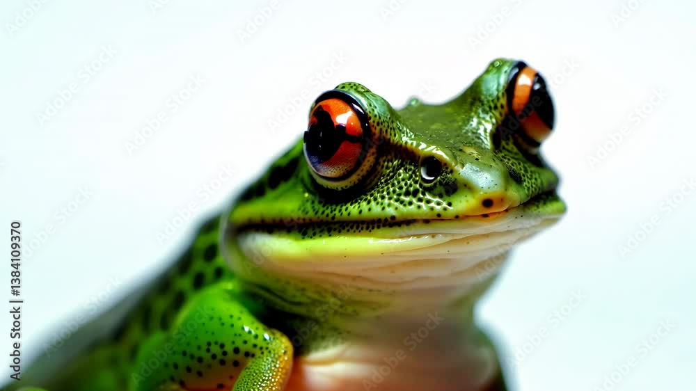 Green tree frog on a leaf with bright eyes in a closeup shot
