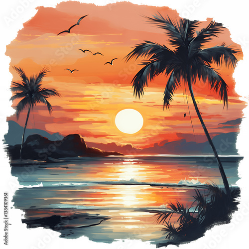 Fototapeta Naklejka Na Ścianę i Meble -  Tropical beach sunset with palm trees and ocean waves, paradise vacation destination watercolor painting