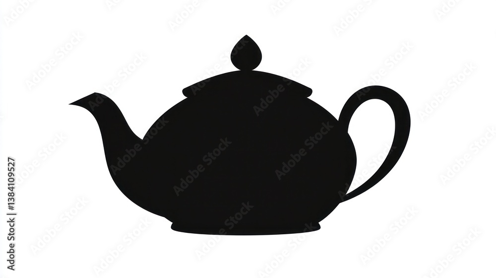 Black teapot silhouette, kitchen utensil, white background, tea preparation, menu design