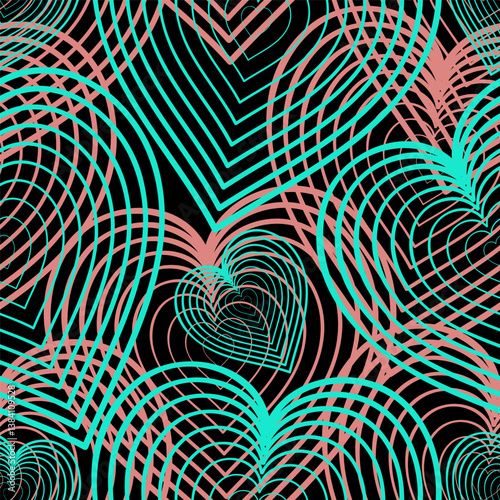 Vector linear seamless pattern with shapes of hearts form on dark green background.