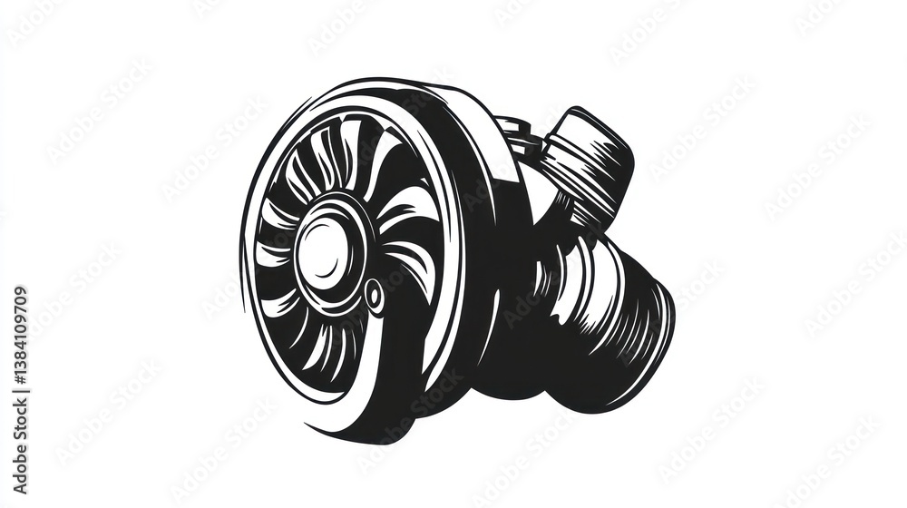 Turbocharger engine part, isolated white background, automotive design, mechanical illustration