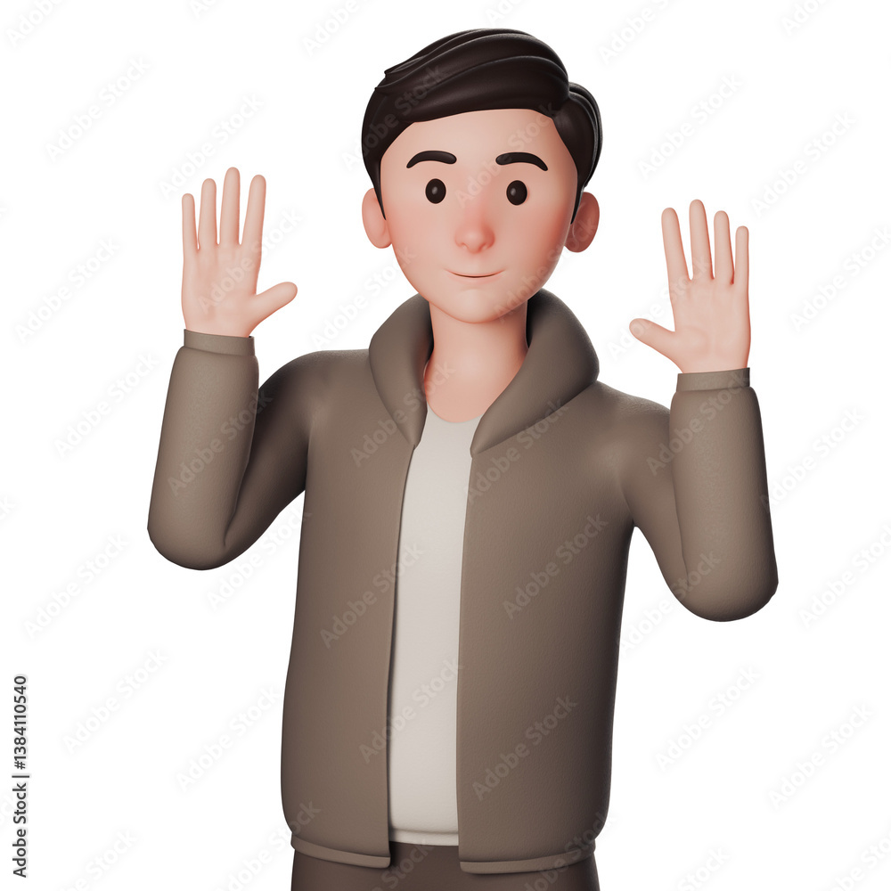 Portrait, half body 3D illustration of a casual cartoon man in brown dressed. shows greeting gesture with waving both hands Portrait, half body 3D illustration of a casual cartoon man in brown dressed. shows greeting gesture with waving both hands