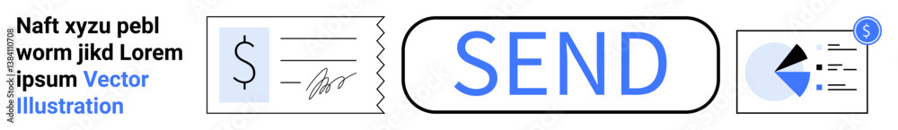Send button, receipt, dollar sign, and financial chart. Ideal for payment systems, e-commerce, fintech, money transfer, banking apps data analysis simple landing page Send button, receipt, dollar sign, and financial chart. Ideal for payment systems, e-commerce, fintech, money transfer, banking apps data analysis simple landing page