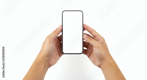 A person’s hands holding a blank smartphone with a black screen, centered in the image with no branding and total sharpness on a white background.