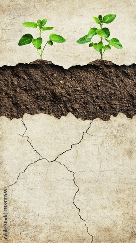 Two young plants sprout through cracked earth
