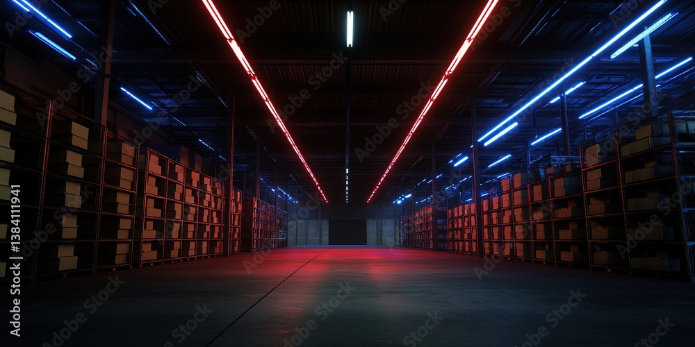 Dark Warehouse Corridor with Red and Blue Neon Lights Dark Warehouse Corridor with Red and Blue Neon Lights