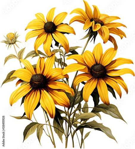 Yellow rudbeckia black-eyed Susan botanical watercolor art with multiple blooms and green stems on white
