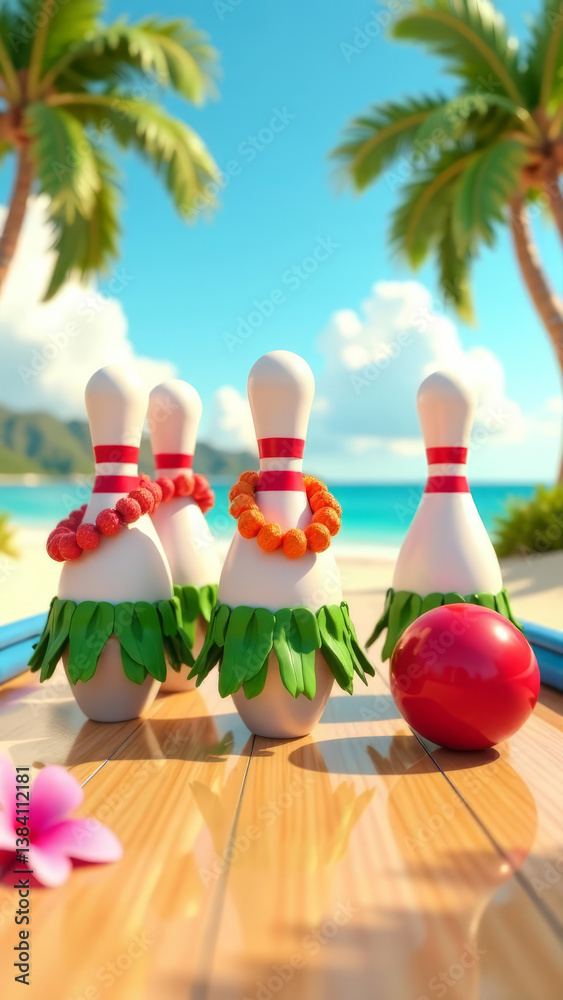 group of colorful pins dressed in Hawaiian leis and grass skirts, set on a sunlit bowling lane, palm trees, sandy beaches, and a bright blue ocean, vertical, copy space