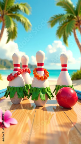 Obraz na płótnie group of colorful pins dressed in Hawaiian leis and grass skirts, set on a sunlit bowling lane, palm trees, sandy beaches, and a bright blue ocean, vertical, copy space w salonie