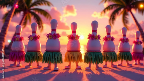 A lively illustration of bowling pins dancing at a tropical beach party, each wearing colorful grass skirts and adorned with floral leis. The backdrop features a sunset sky and swaying palm trees