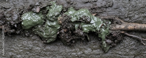 Green substance covers branch, resting in muddy, wet outdoor area