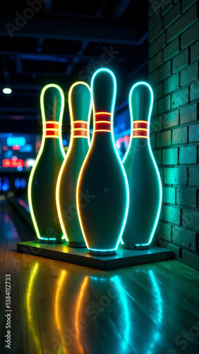 Neon bowling pin sign on brick wall with reflection, yellow, blue light, vertical, bowl