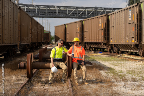 Railroad workers in vests and helmets stand next to a freight train on the tracks. Railway maintenance workers using digital tablet. Apprentice railway worker instructed by engineer on railway