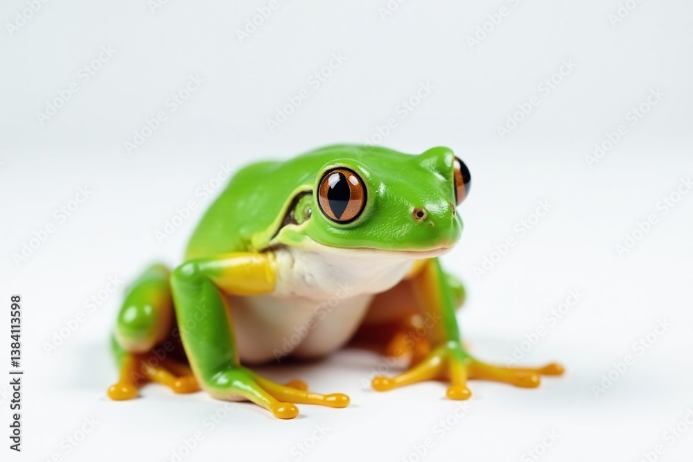 Single bright green frog on pure white backdrop, animal, sitting, macro Single bright green frog on pure white backdrop, animal, sitting, macro