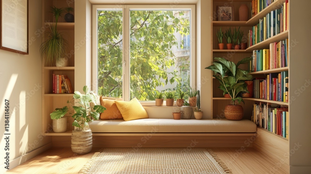 Sunlit window seat reading nook with bookshelves