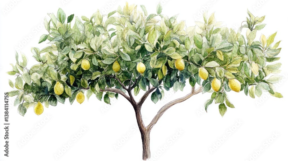 Lemon tree laden with fruit, isolated on white background; ideal for food, agriculture, or nature publications