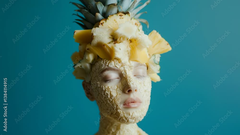 Moving Portrait of A Woman with Pineapple Headwear and Skin.