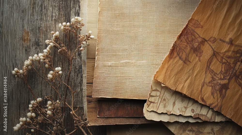Dried flowers and aged papers on wood; vintage texture background