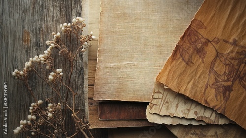 Obraz na płótnie Dried flowers and aged papers on wood; vintage texture background w salonie