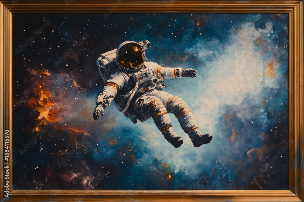Fototapeta premium Framed painting of an astronaut floating in space with nebula background.