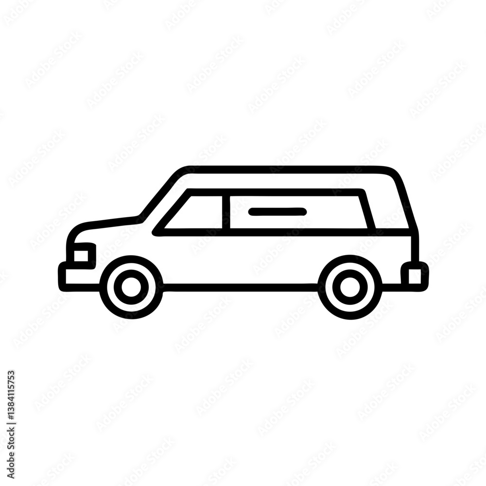 Simple line icon of funeral hearse vehicle in side view, symbol of memorial service, respectful transportation and final journey for funeral processions Simple line icon of funeral hearse vehicle in side view, symbol of memorial service, respectful transportation and final journey for funeral processions