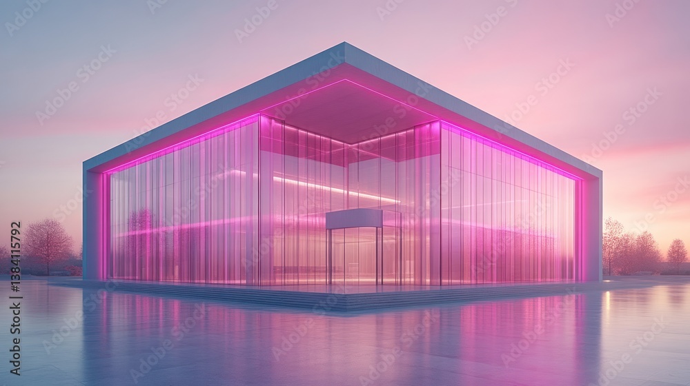 Fototapeta premium Modern Glass Structure with Pink Neon Lighting at Sunset