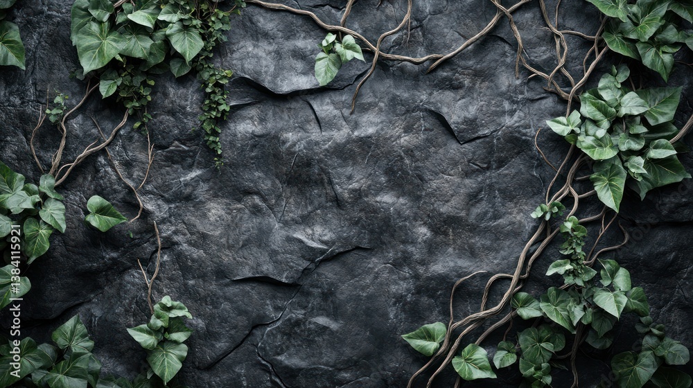 Dark stone wall, climbing vines, nature background, design texture
