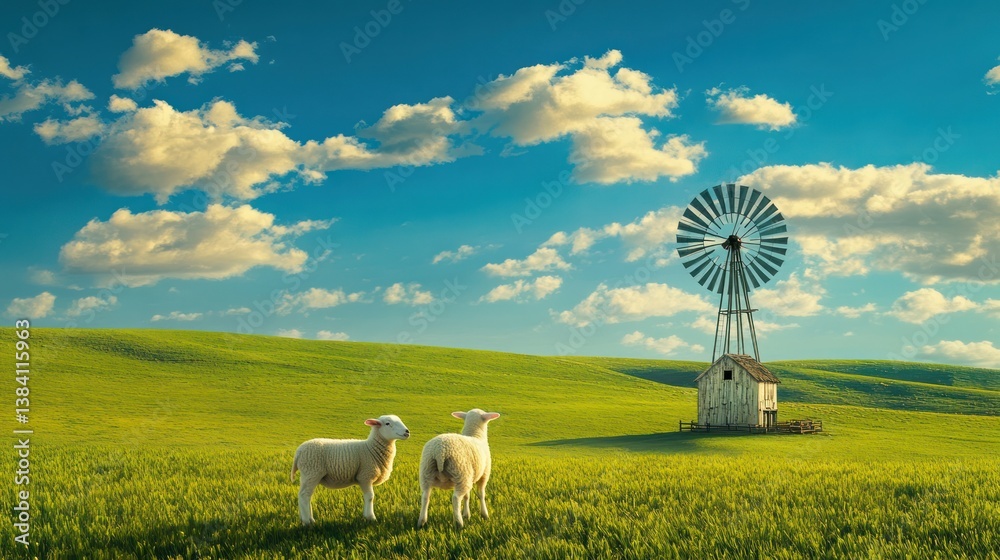 Sheep graze idyllic field, windmill backdrop, sunny day, pastoral scene, farm background