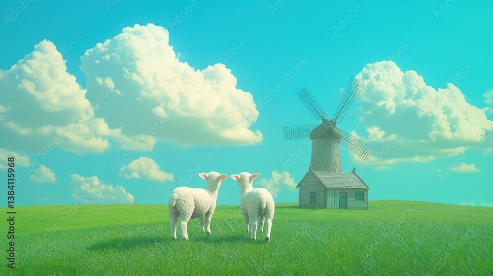 Two lambs in green field, windmill background, sunny day, idyllic farm scene, stock photo