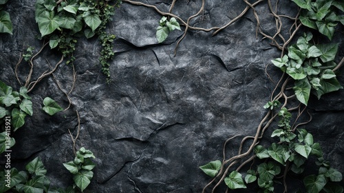 Obraz na płótnie Dark stone wall, climbing vines, nature background, design texture w salonie