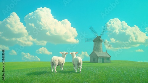 Obraz na płótnie Two lambs in green field, windmill background, sunny day, idyllic farm scene, stock photo w salonie