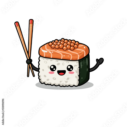 Cute sushi character holding chopsticks against a white background  