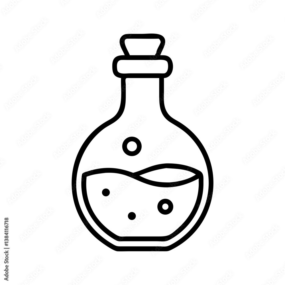 Potion bottle with bubbling liquid, symbolizing Halloween magic and mysterious brews in minimalistic design Potion bottle with bubbling liquid, symbolizing Halloween magic and mysterious brews in minimalistic design