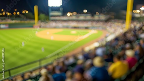 Stadium crowd watching a baseball game from afar, professional-level photography, blurred field in the distance, vibrant game night vibe