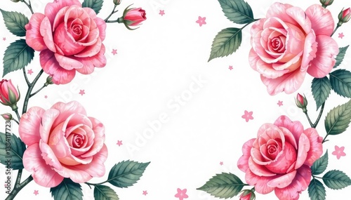 Intricate watercolor roses & leaves, blush pink hues, texture, beauty, elegant