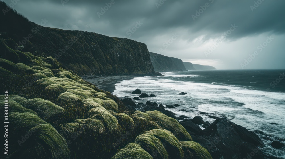Stormy coastal cliffs, ocean waves, green moss, dramatic sky; travel, nature
